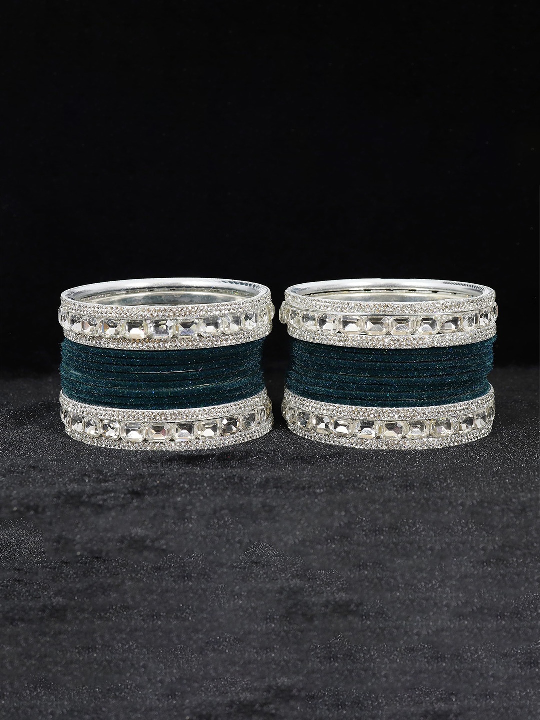 

ZULKA Set Of 28 Alloy Base Velvet Finish Studded With Zircon Gemstone Bangles, Silver