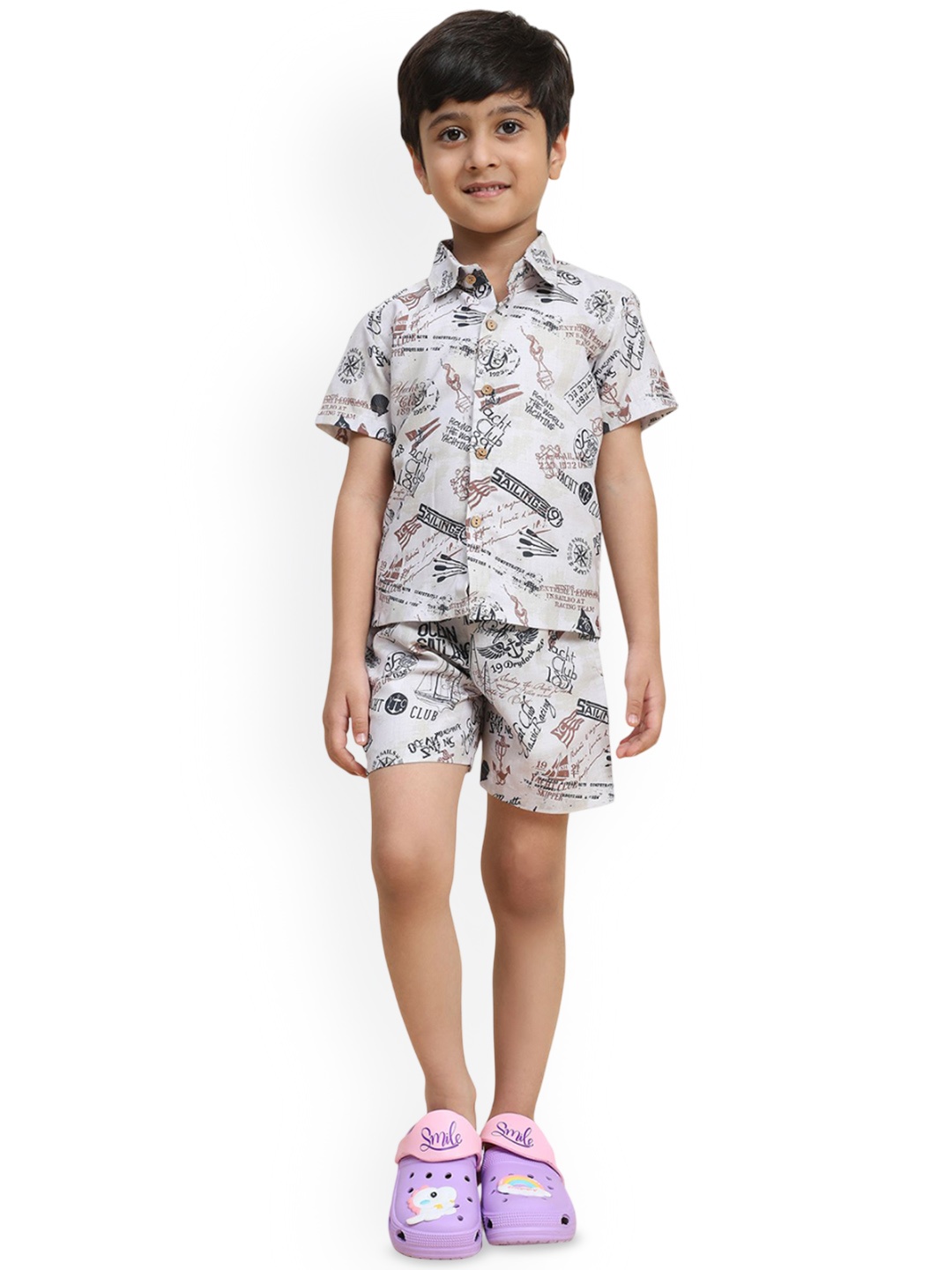 

Funny Bones Clothings Boys Boat Printed Shirt With Shorts, Beige