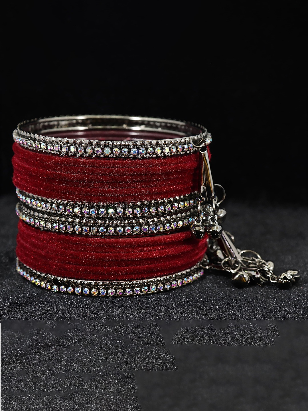 

ZULKA Set of 16 Metal with Zircon stone and Velvet Latkan Bangles, Black