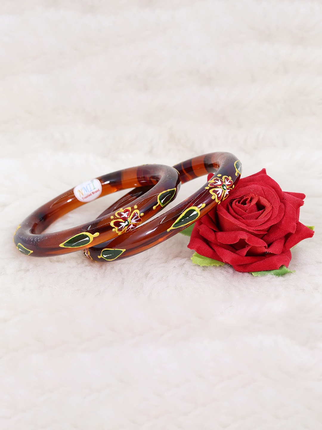 

ZULKA Set of 2 Glass with Flowers and Leaf Printed Bangles, Red