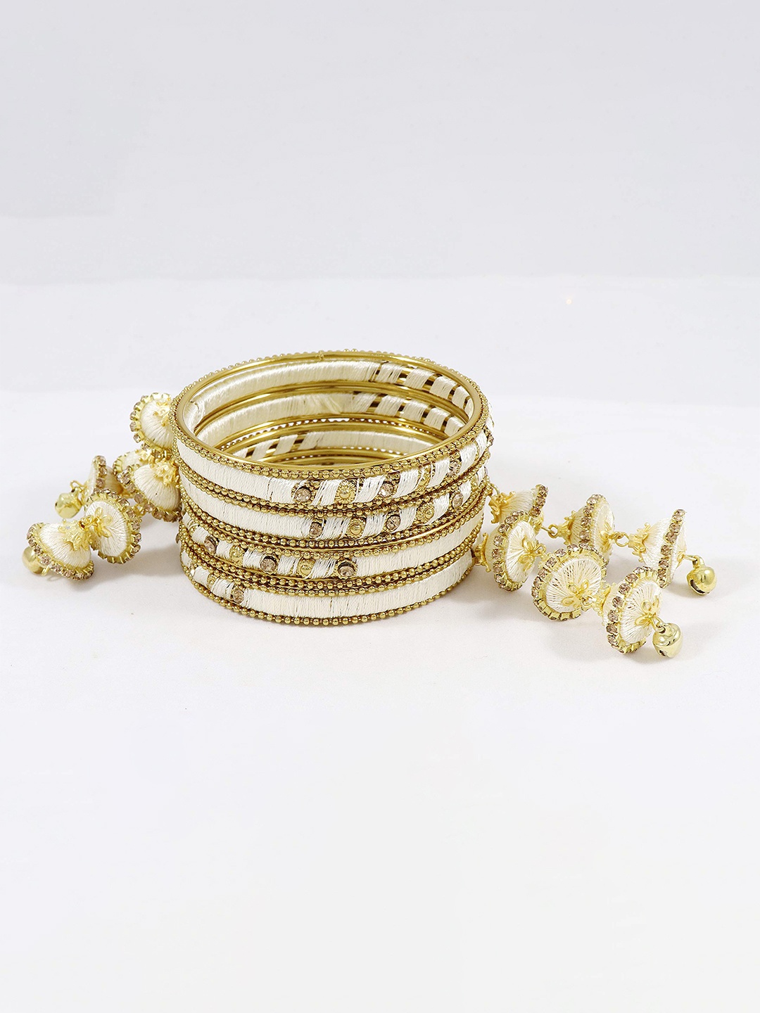 

ZULKA Set Of 20 Non-Precious Metal Silk Thread and Zircon Gemstone Worked Bangle ;, White