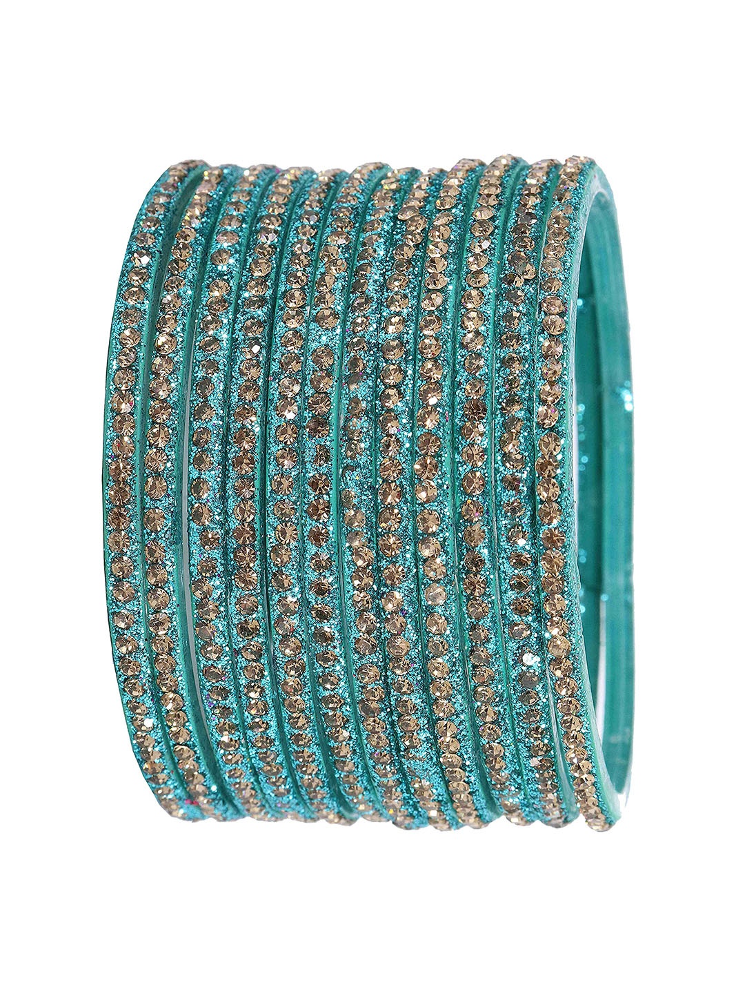 

ZULKA Set of 12 Glass Zircon Gemstone Studded Glossy Finish Bangles, Turquoise blue
