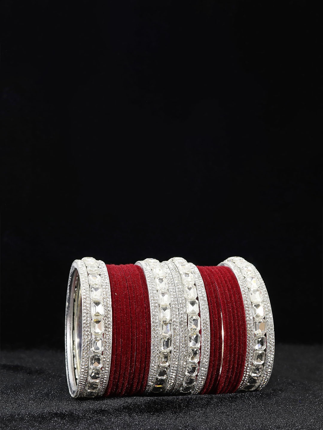 

ZULKA Set OF 28 Metal Zircon Gemstone Studded Velvet Bangles, Silver