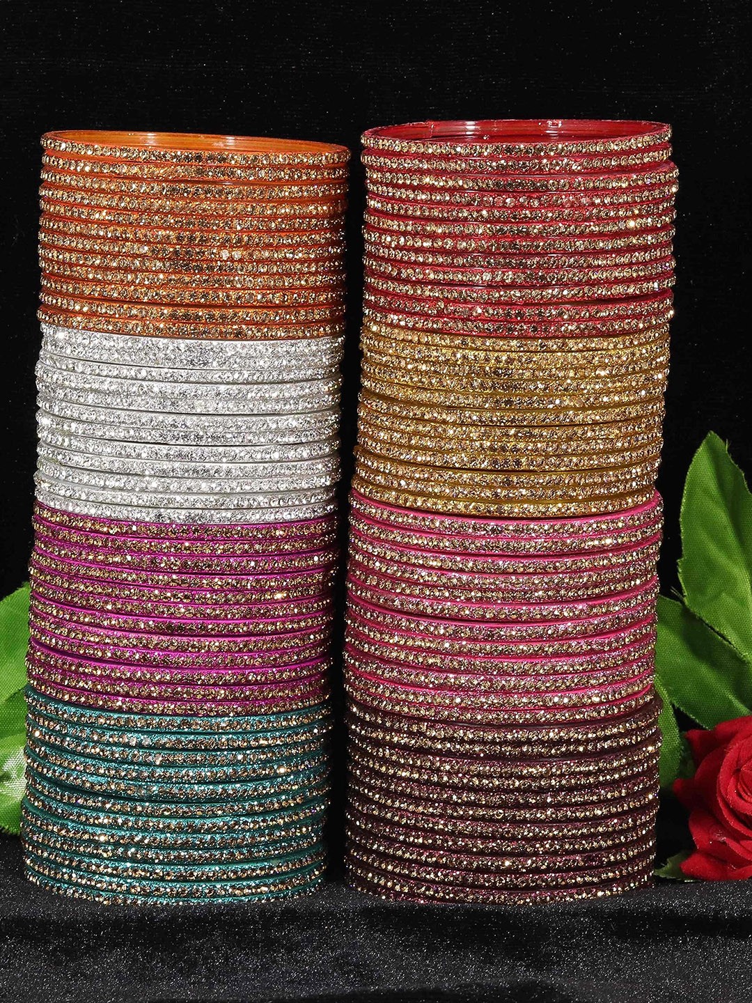 

ZULKA Set of 96 Golden Zircon Stone Fancy Glass Bangles, Multi