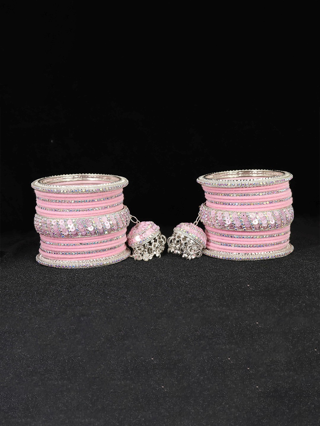 

ZULKA Set of 32 Glass with Velvet & Golden Zircon Diamond Stone Bangles, Pink