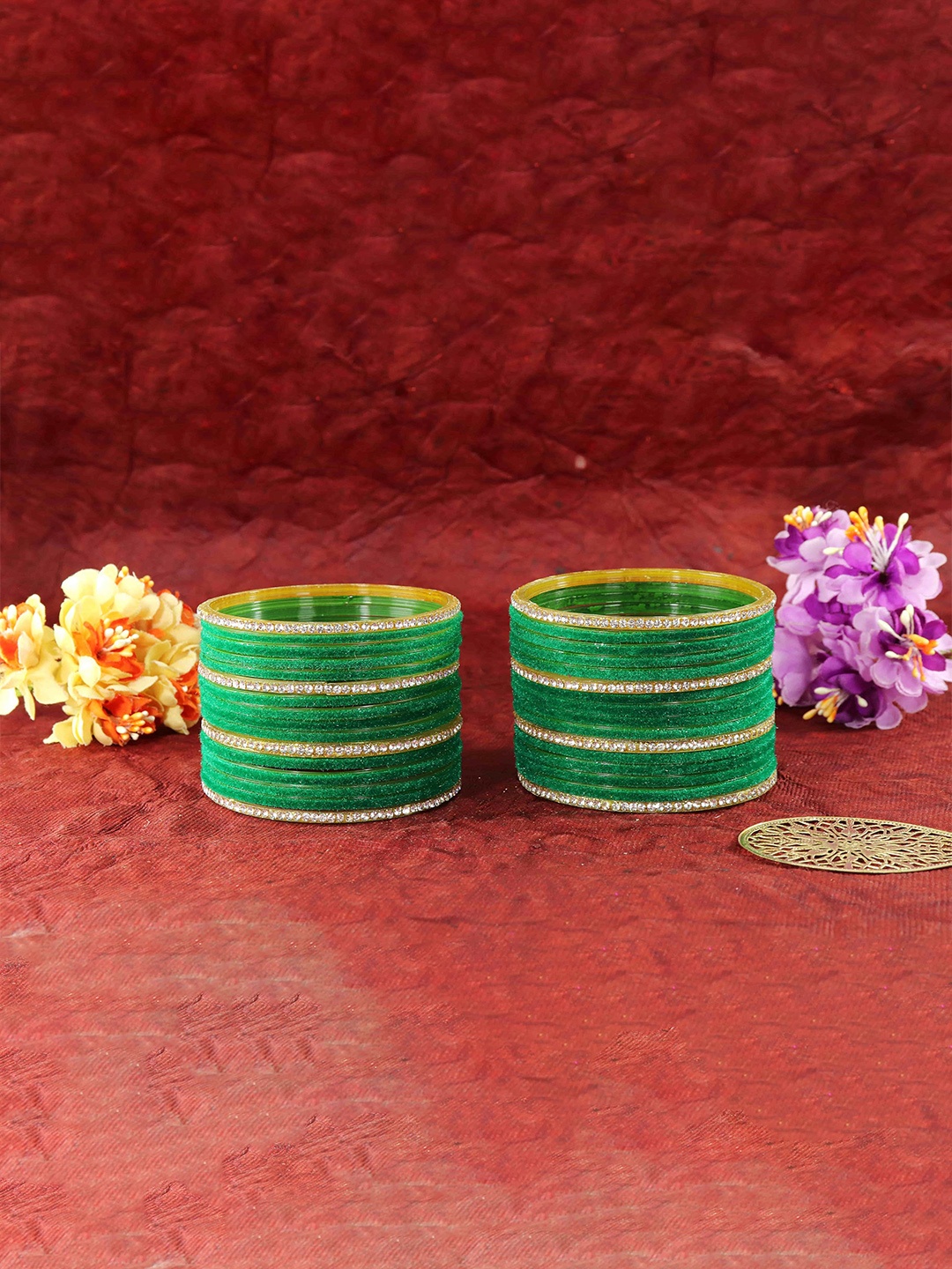 

ZULKA Set of 32 Alloy Base Velvet Finish Artificial Stone Studded Bangle, Green