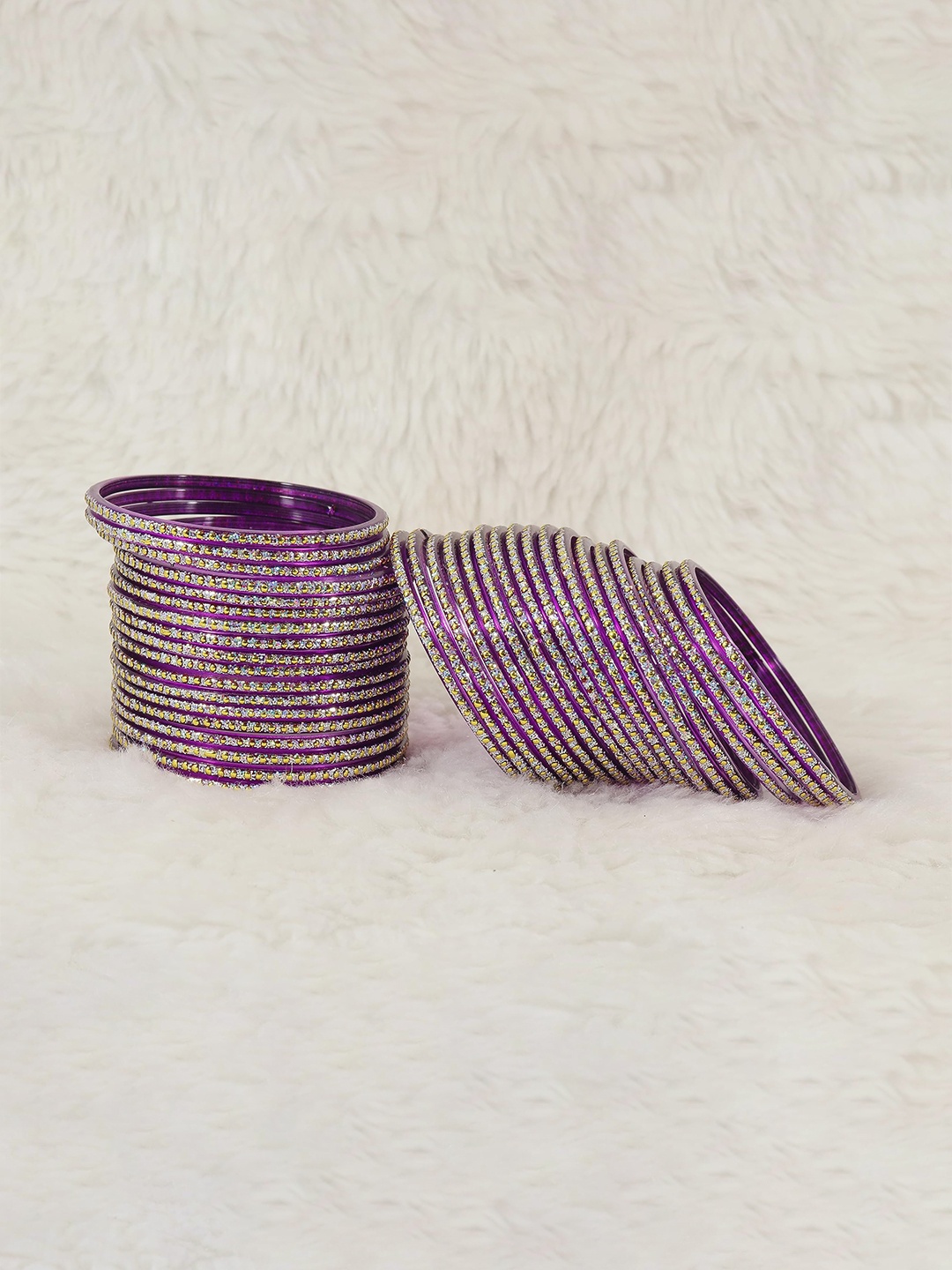

ZULKA Set of 36 Glass Bangles with Golden Polka Dots & Glitter, Purple