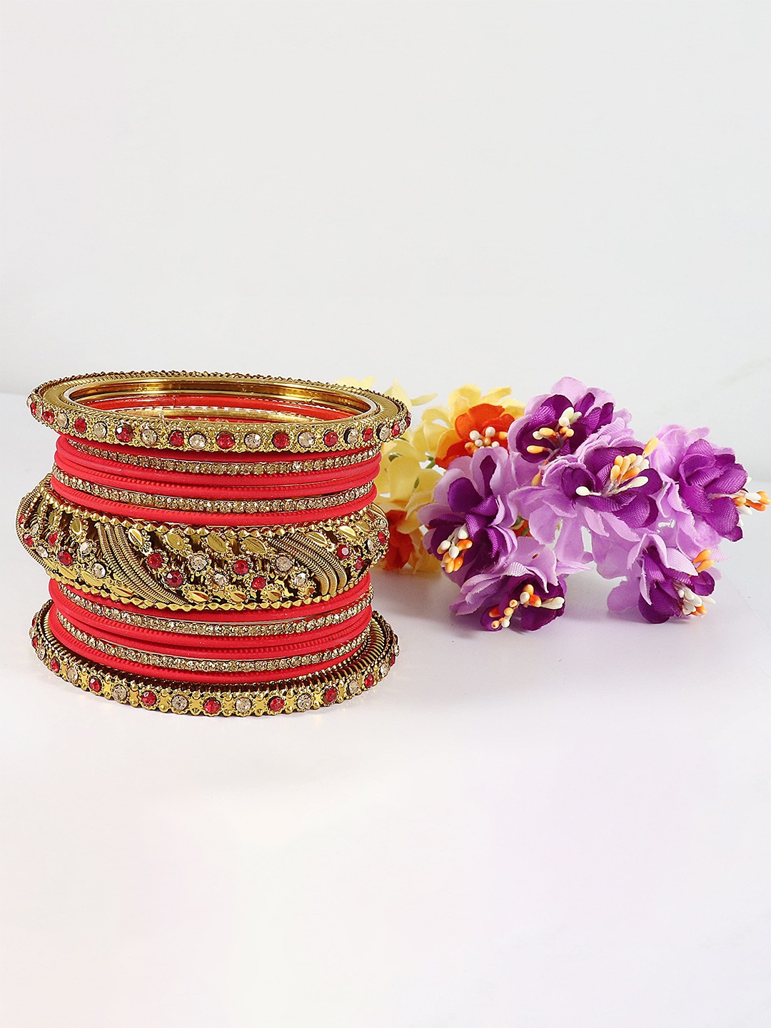 

ZULKA Set of 30 Zircon Gemstone Stone Studded Bangles, Red