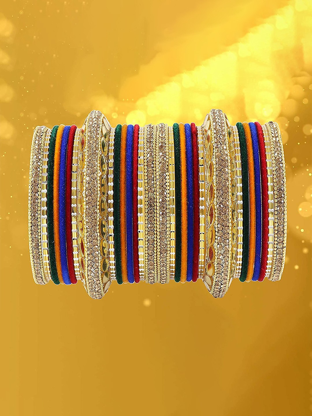 

ZULKA Set of 30 Gold Plated Metal with Zircon Stone & Beads Bangles, Red