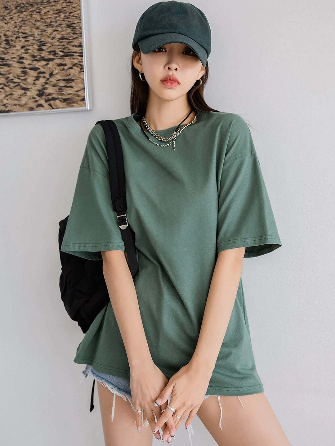 

London Hills Women Solid Round Neck Cotton Oversized T-shirt, Green