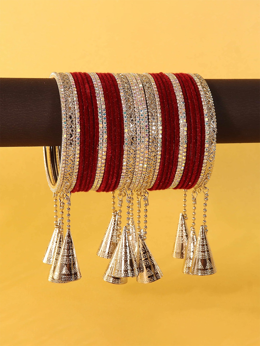

ZULKA Set of 42 Stylish Silver Oxidised Metal Bangles with Diamond Bangles, Green