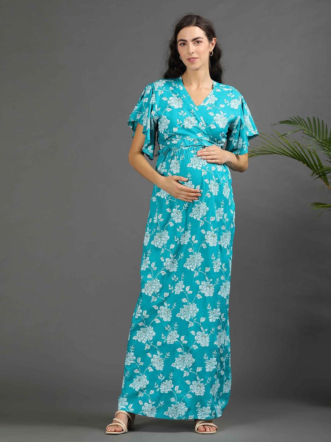 

GOLDSTROMS Women Printed Maternity Long Ethnic Dress, Turquoise blue