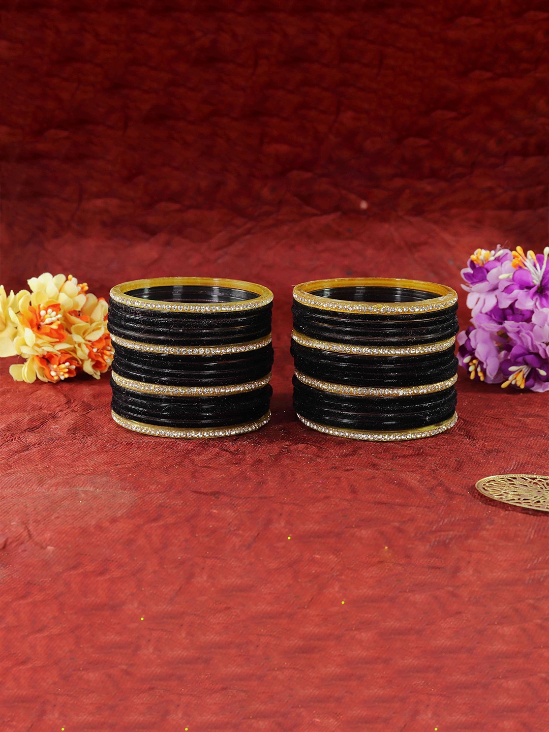 

ZULKA Set of 32 Glass with Velvet & Golden Zircon Diamond Stone Bangles, Magenta