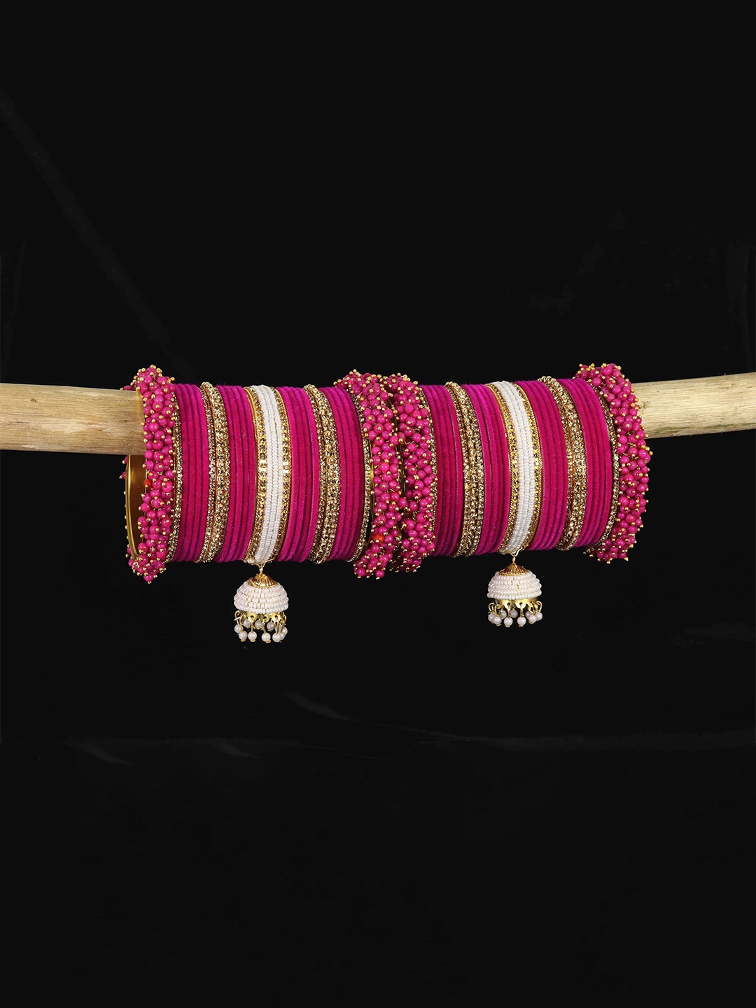 

ZULKASet of 54 Latest Metal with Pearls Zircon & Velvet Latkan Bangles, Magenta
