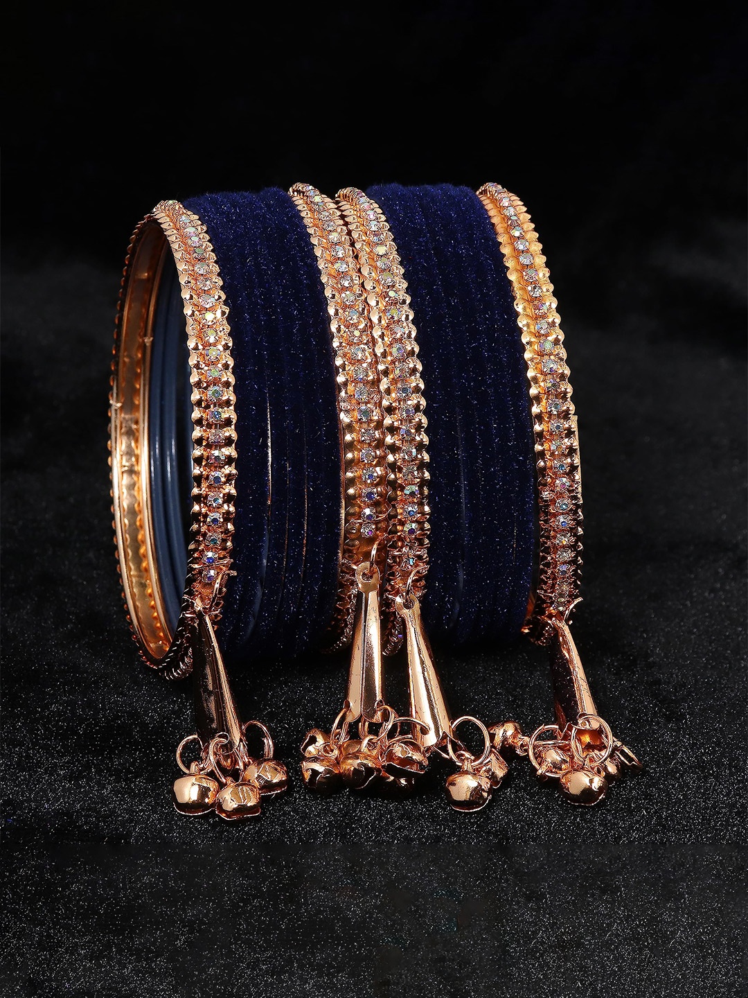 

ZULKA Set of 16 Metal with Zircon Gemstone Velvet Latkan Bangles, Navy blue