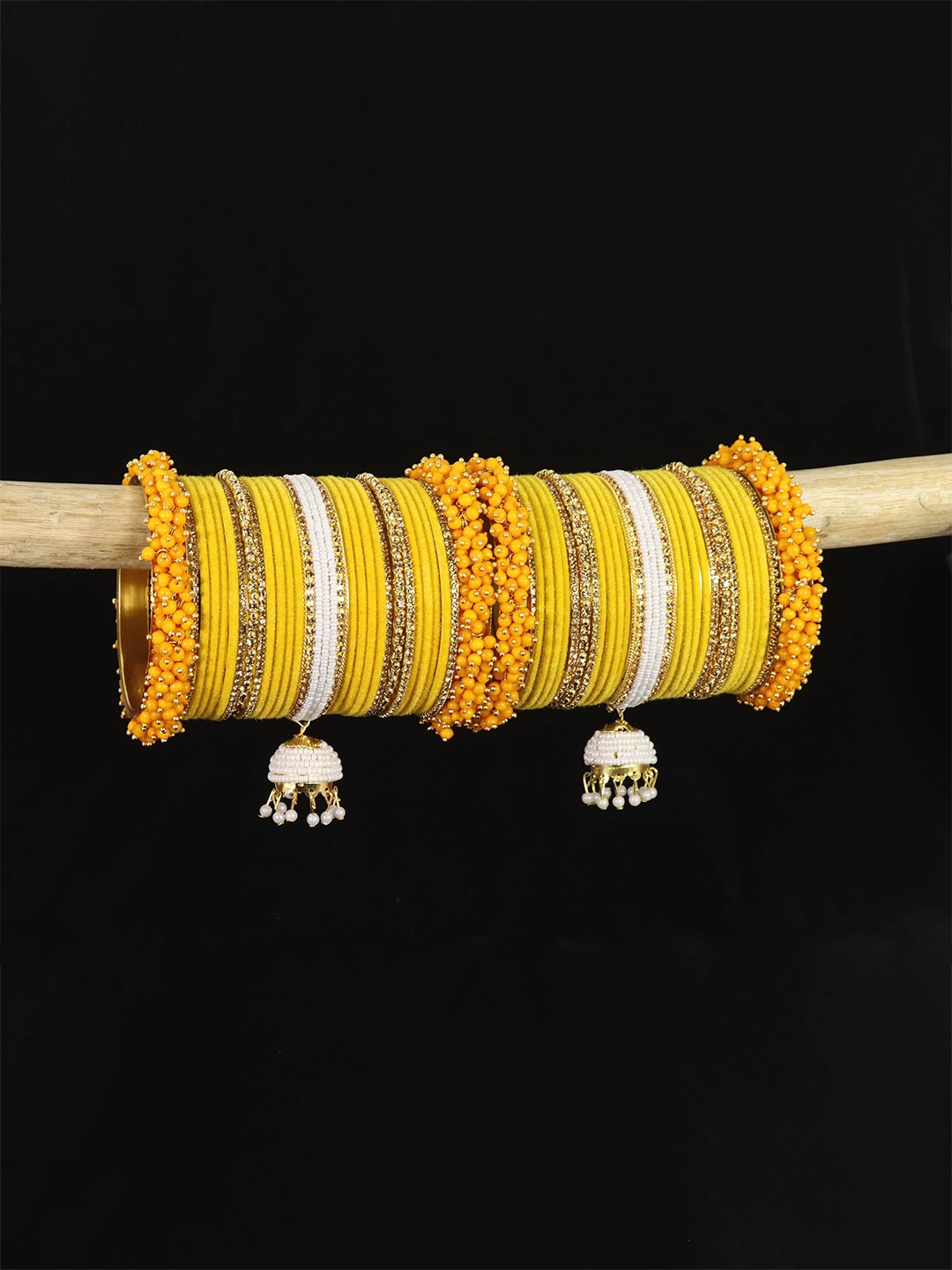 

ZULKA Pack Of 30 Gold Plated Zircon Stone & Beads Chuda Bangles, Yellow