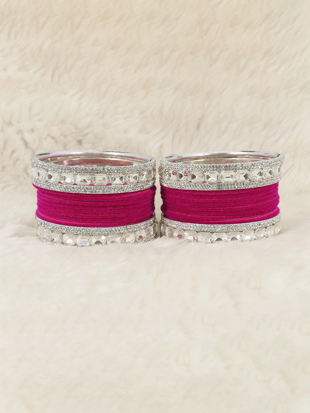 

ZULKA Set OF 28 Zircone Studded Metal Velvet Bangles, Silver