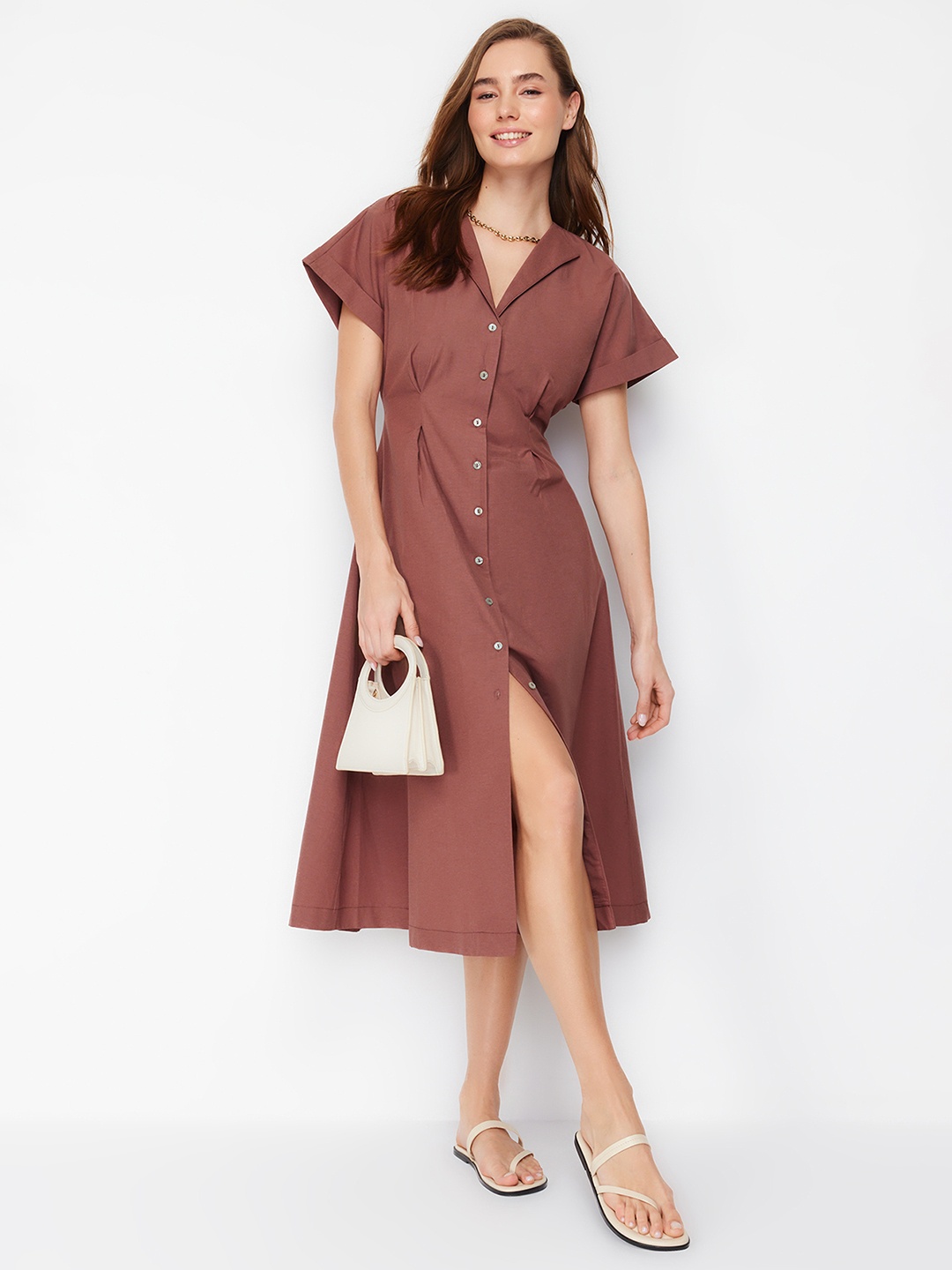 

Trendyol Women Solid Shirt Collar Shirt Dress, Brown