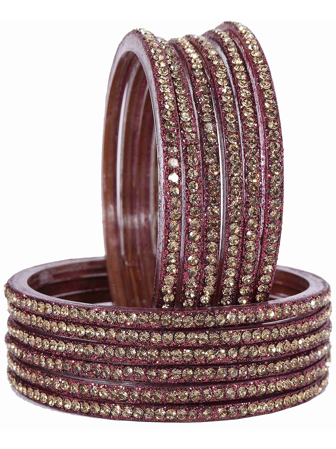 

ZULKA Set of 12 Glass With Zircon Gemstone Studded Glossy Finished Bangle, Red