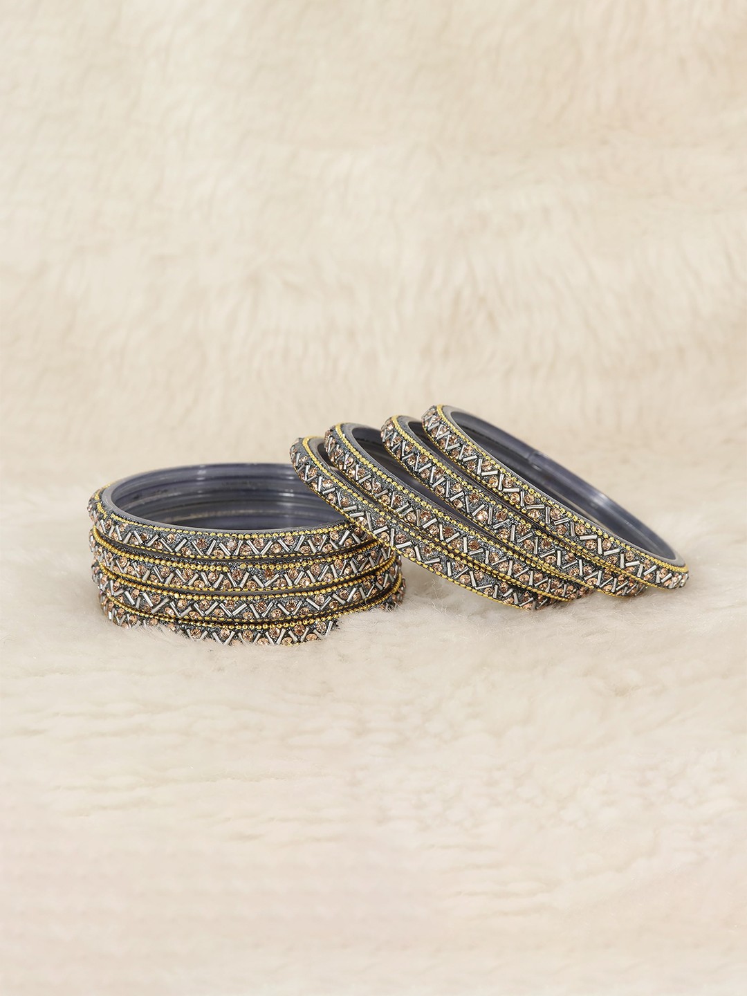 

ZULKA Set of 8 Alloy Base Artificial Studded Glass Bangles, Grey