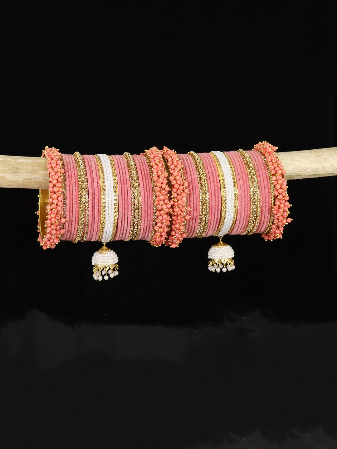 

ZULKA Set of 30 Premium Gold Plated Metal with Zircon Stone & Beads Chuda Bangles, Peach