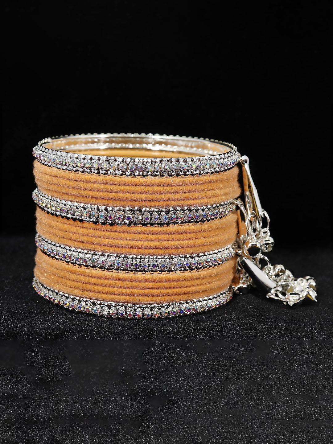 

ZULKA Set of 16 Metal with Zircon Gemstone and Velvet Studded Latkan Bangles, Orange