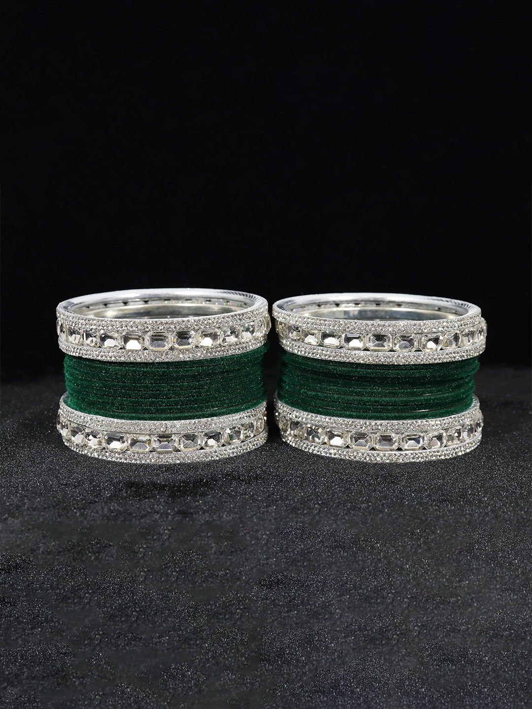 

ZULKA Set Of 28 Silver Plated Zircon Gemstone Studded Velvet Bangles