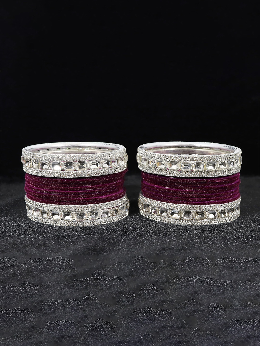 

ZULKA Set OF 28 Metal Bangles Studded with Zircon Gemstone and Velvet Bangles, Silver