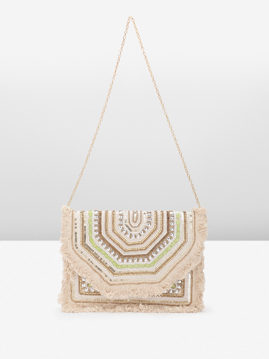 

Sangria Embellished Pure Jute Foldover Clutch, Off white