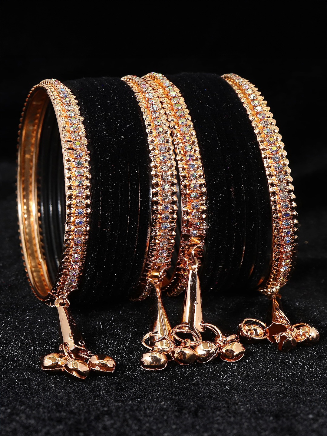 

ZULKA Set of 16 Metal Zircon Gemstone & Velvet Latkan Bangles, Black