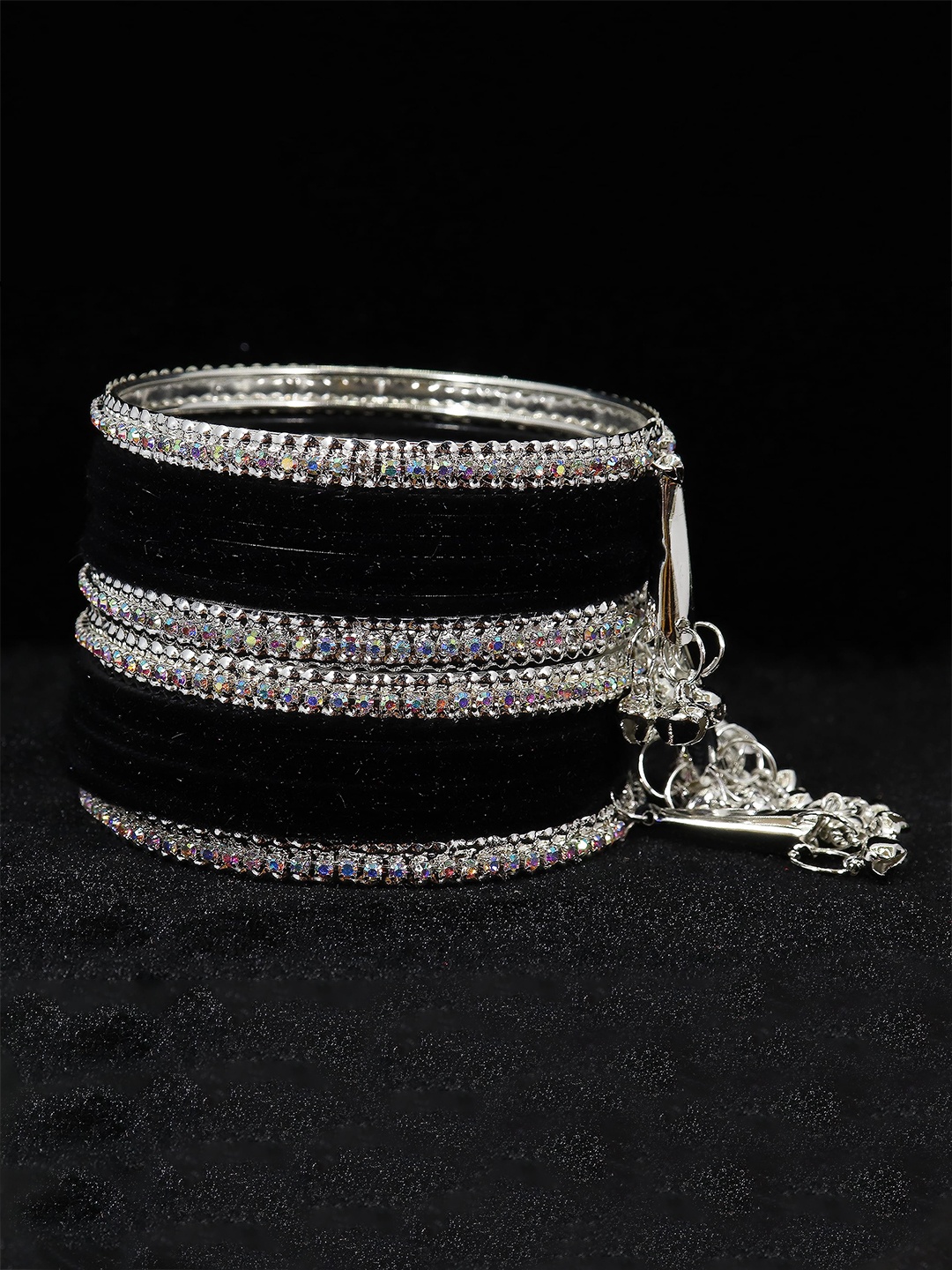 

ZULKA Set of 16 Metal with Zircon stone and Velvet Latkan Bangles, Black