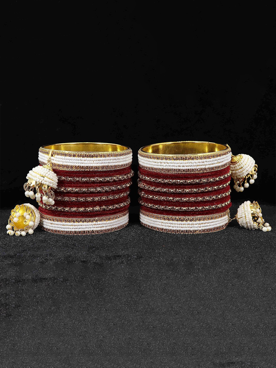 

ZULKA Pack Of 16 Metal with Zircon Gemstone and Velvet Adorned Bells Latkan Bangles, Gold