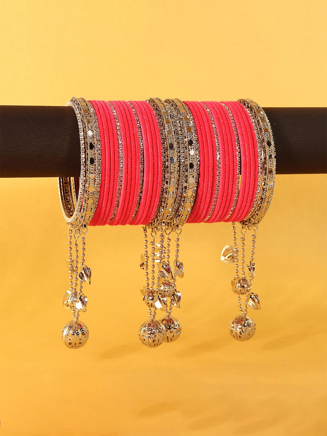 

ZULKA Set of 32 Fancy Silver Latkan Metal Bangles with Zircon Stone Bangle, Green