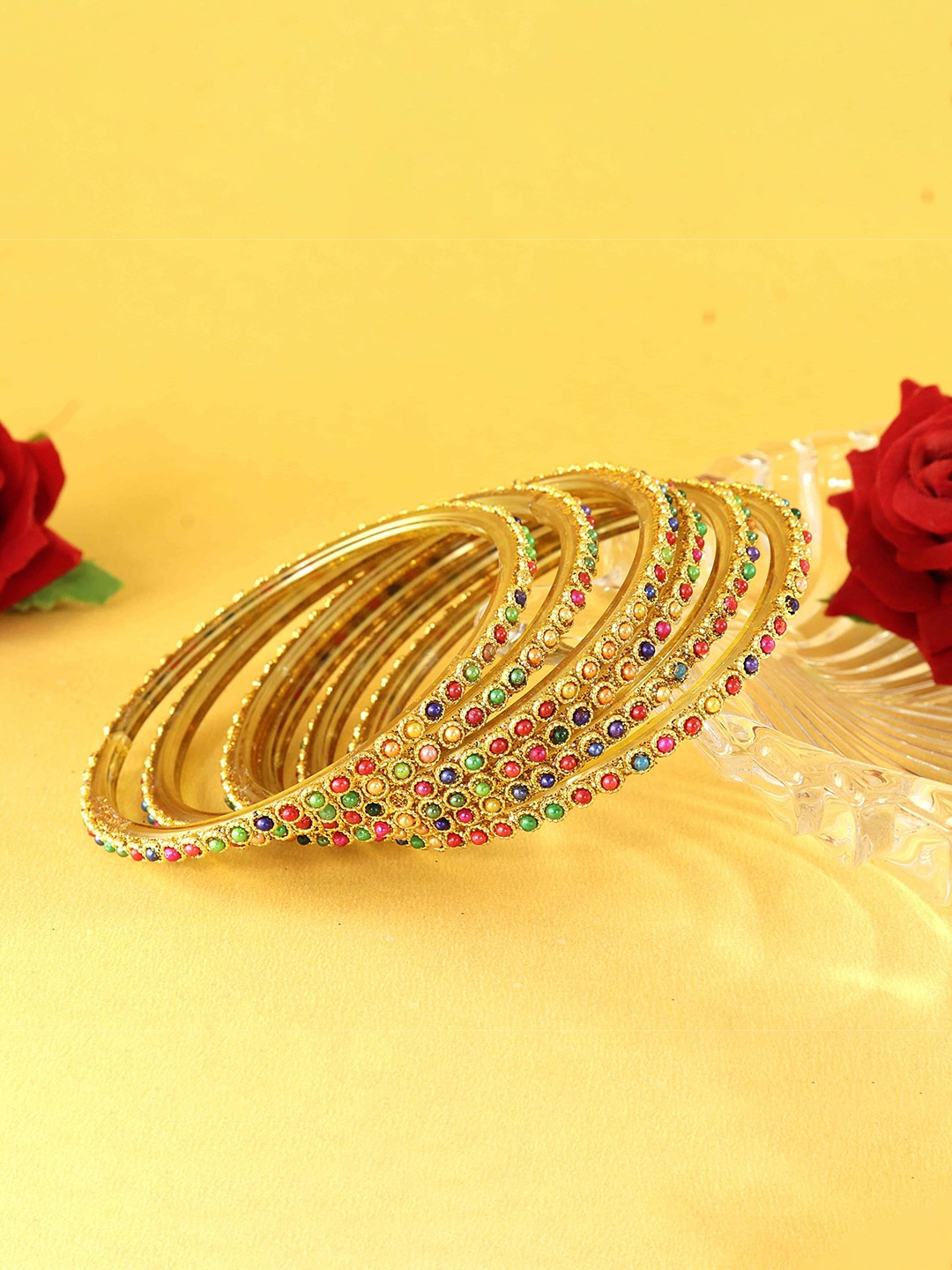 

ZULKA Set of 4 Glass with Zircon Gemstone and Beads Studded Glossy Finished Kada For Women, Yellow