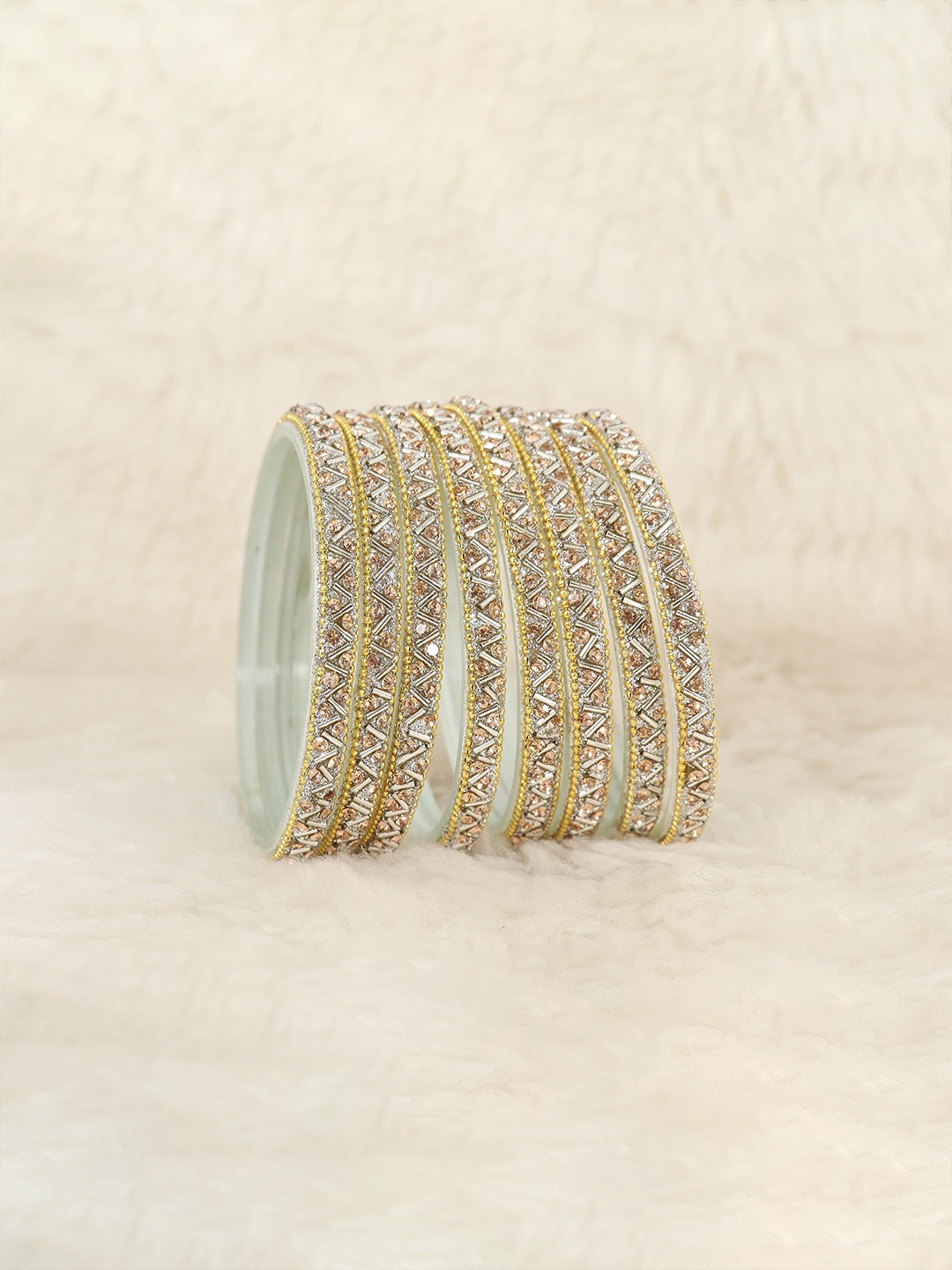 

ZULKA Set of 8 Zircon Gemstone and Beads Studded Glass Bangles, Silver