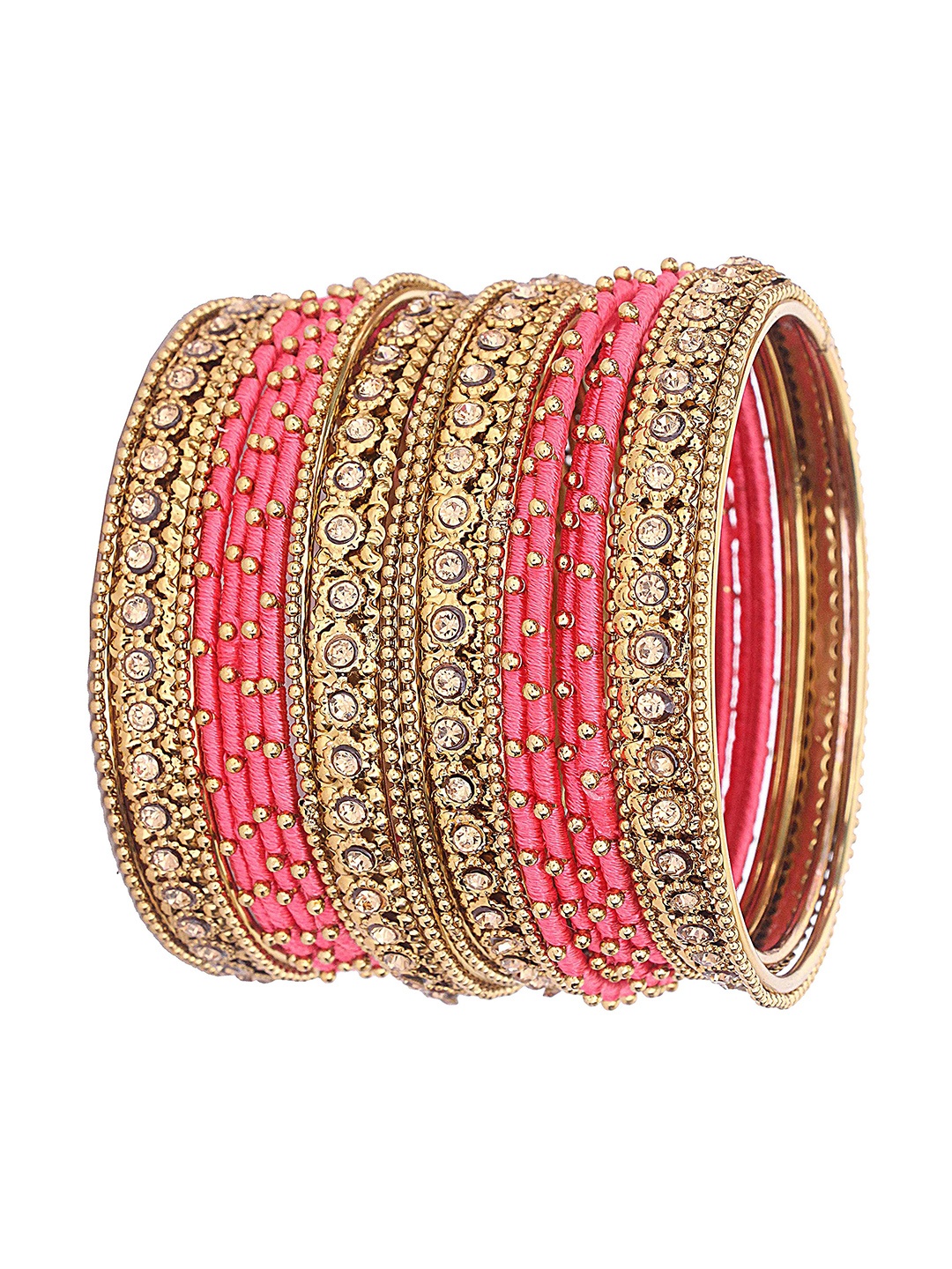 

ZULKA Set of 20 Gold-Plated Artificial Stones and Beads Studded Bangles, Pink