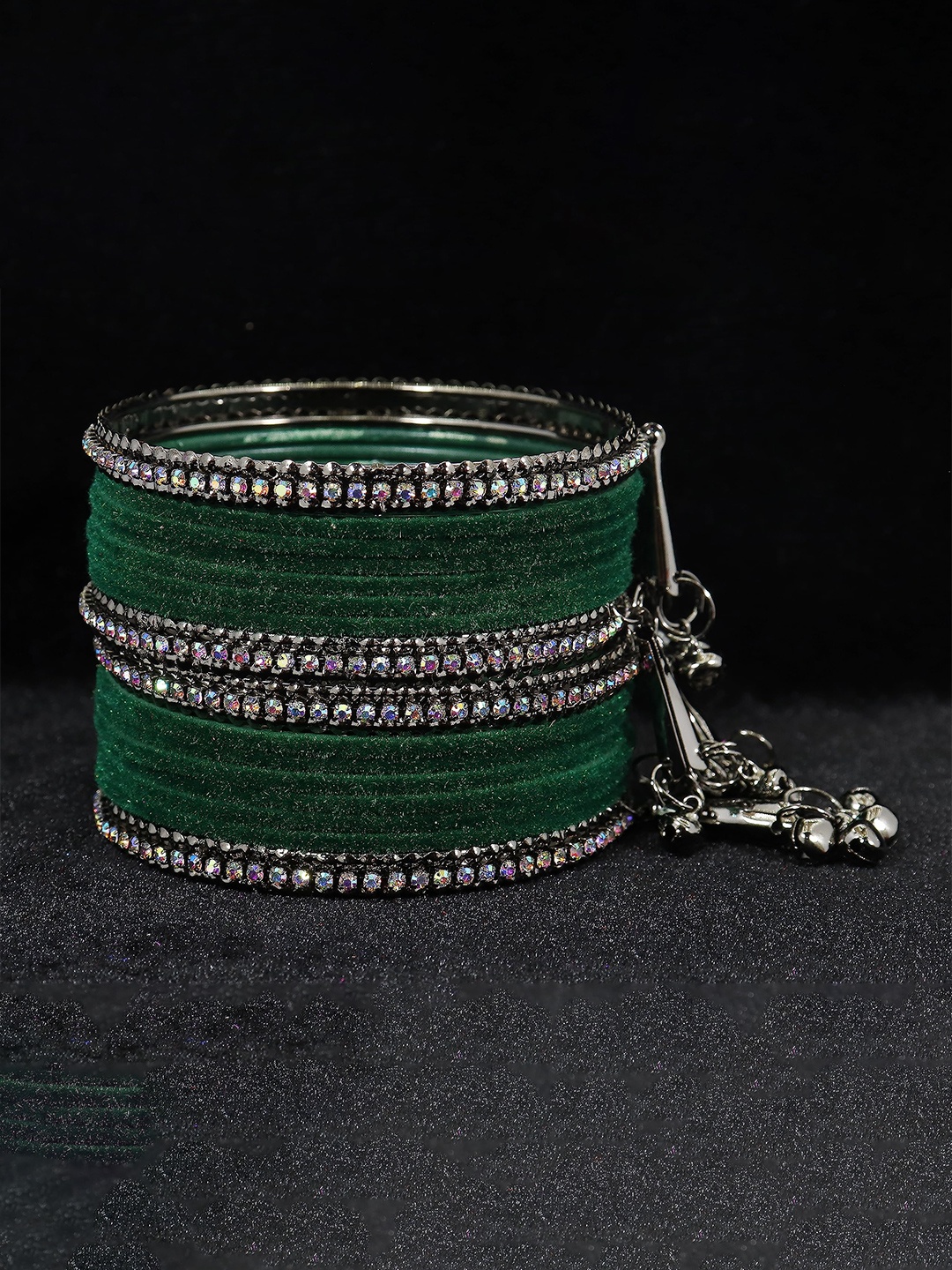 

ZULKA Set of 16 Metal with Zircon Gemstone and Velvet Adorned Bells Latkan Bangles, Green