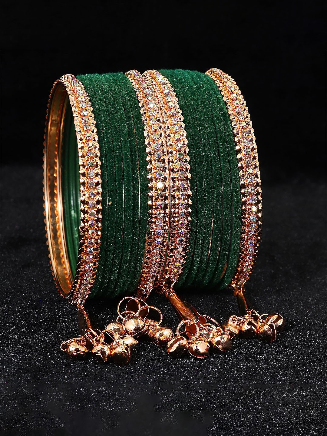 

ZULKA Set of 16 Metal with Zircon Gemstone and Velvet Studded Latkan Bangles, Green
