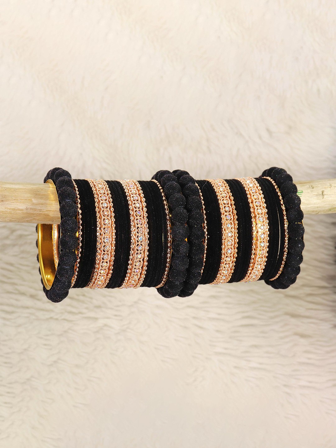 

ZULKA Set of 44 Gold Metal Velvet Bangles Chuda with American Diamond & BallChain, Grey