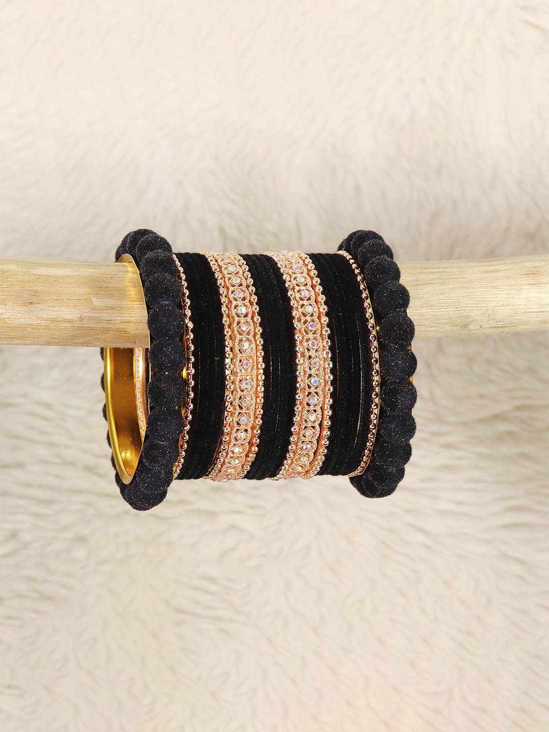 

ZULKA Set of 44 Stones and Beads Studded Velvet Bangles, Black