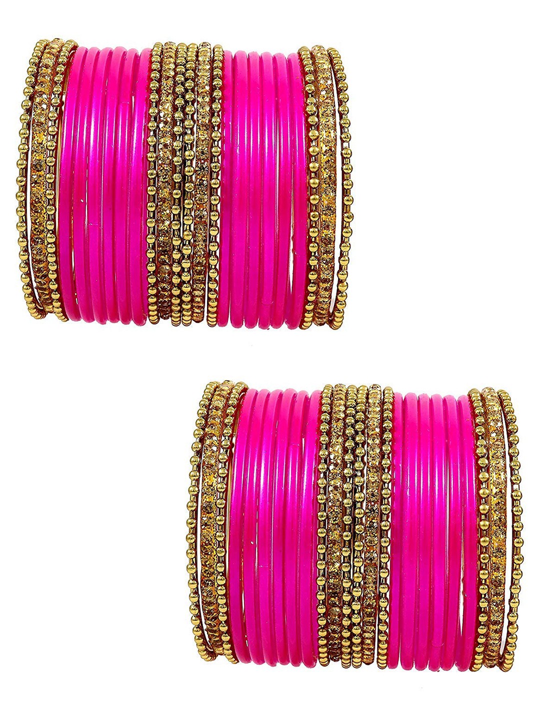 

ZULKA Set OF 48 Glass Zircon Gemstone worked Traditional and Solid Bangles, Pink
