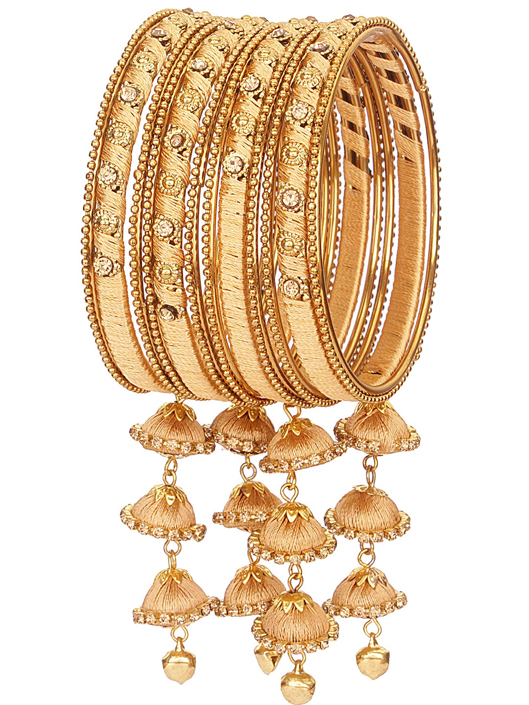 

ZULKA Set Of 20 Silk Thread and Zircon Gemstone Metal Latkan Bangle, Gold