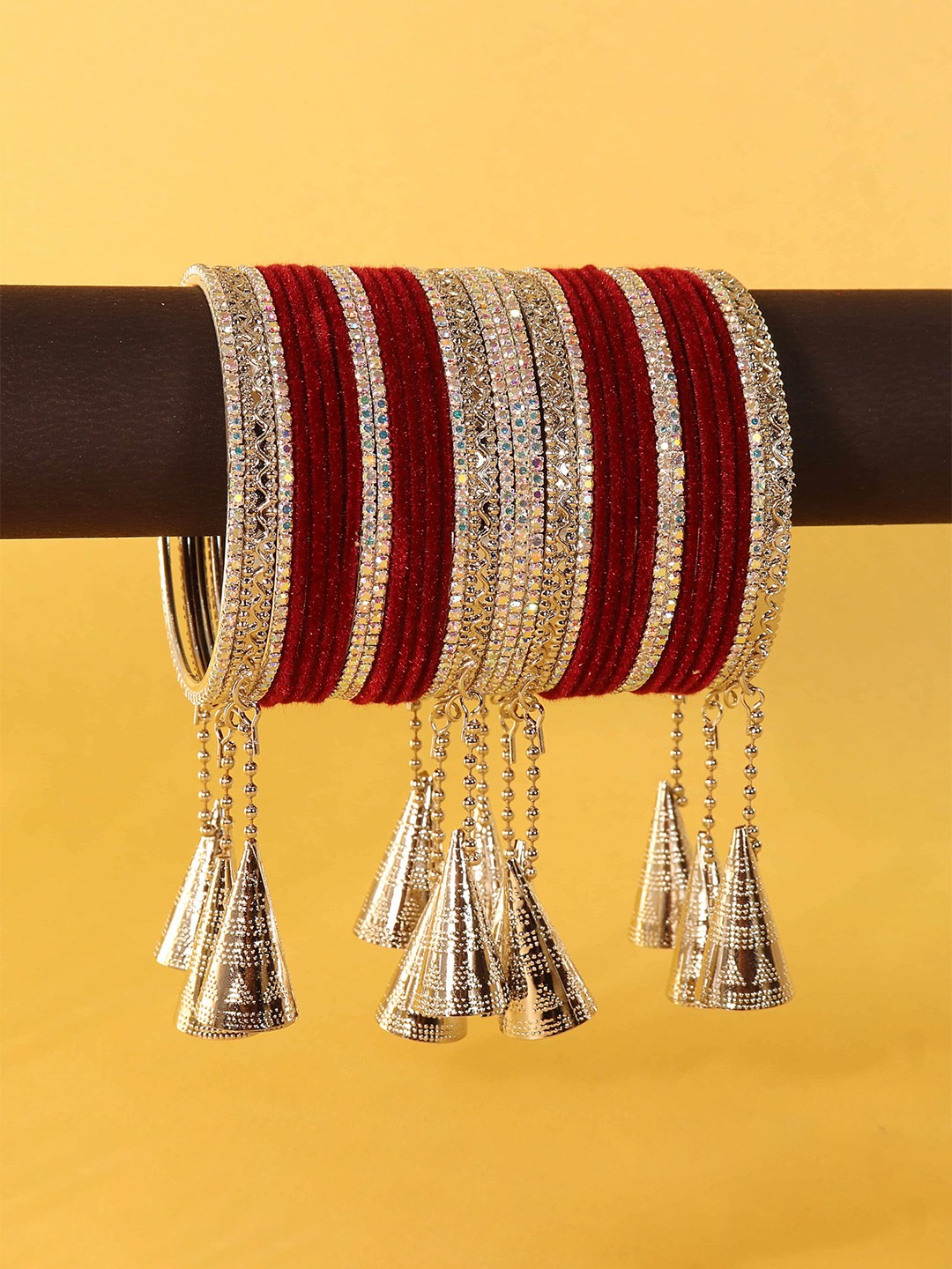

ZULKA Set of 42 Stylish Silver Oxidised Metal Bangles with Diamond Bangles, Green