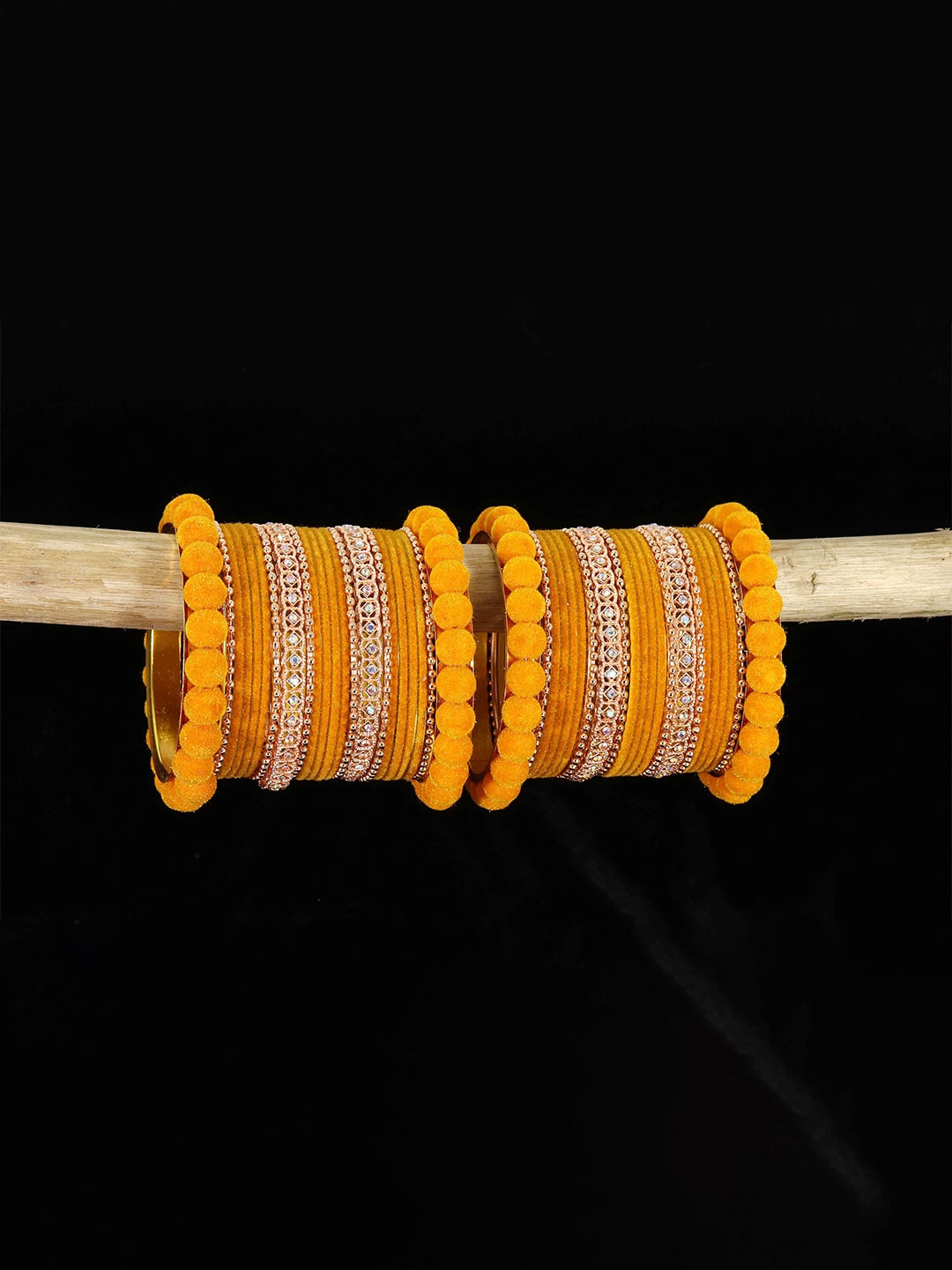 

ZULKA Set of 44 American Diamond Stones Studded and Beaded Velvet Bangles, Mustard