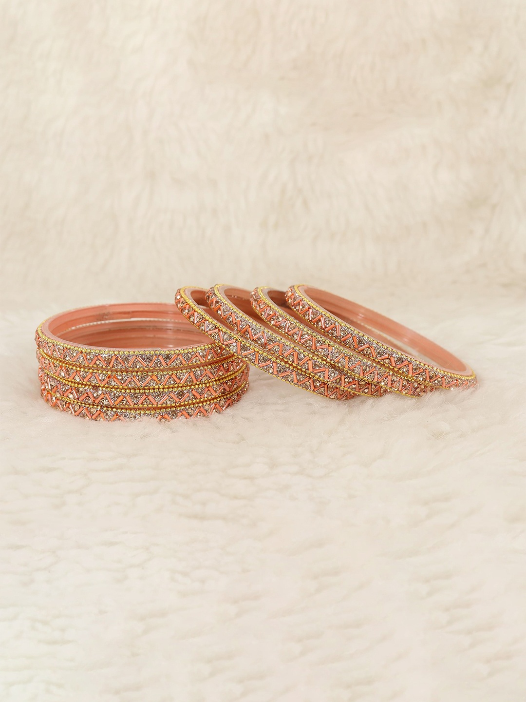 

ZULKA Set of 8 Glass Bangles Studded Zircon Gemstone and Beads, Peach