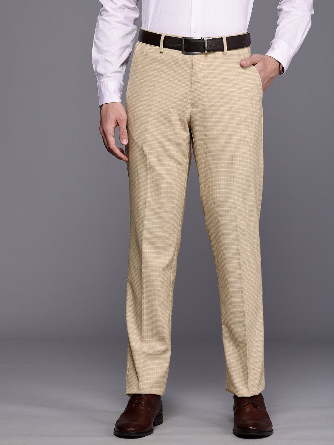 

Louis Philippe Men Checked Formal Trousers, Beige