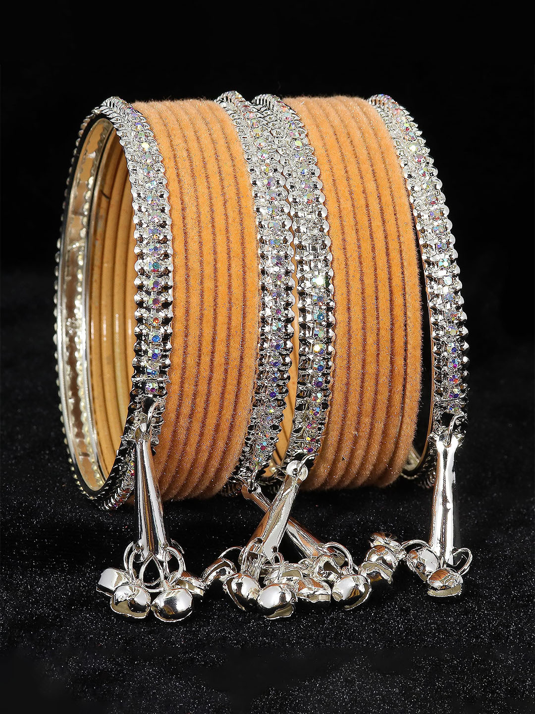 

ZULKA PAck Of 16 Zircon Gemstone Studded Velvet Latkan Bangles, Peach