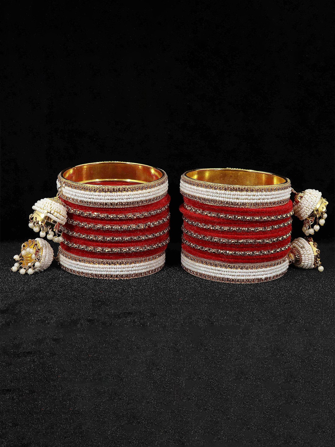 

ZULKA Set of 16 Metal Zircon Gemstone & Velvet with Bells Latkan Bangles, Maroon