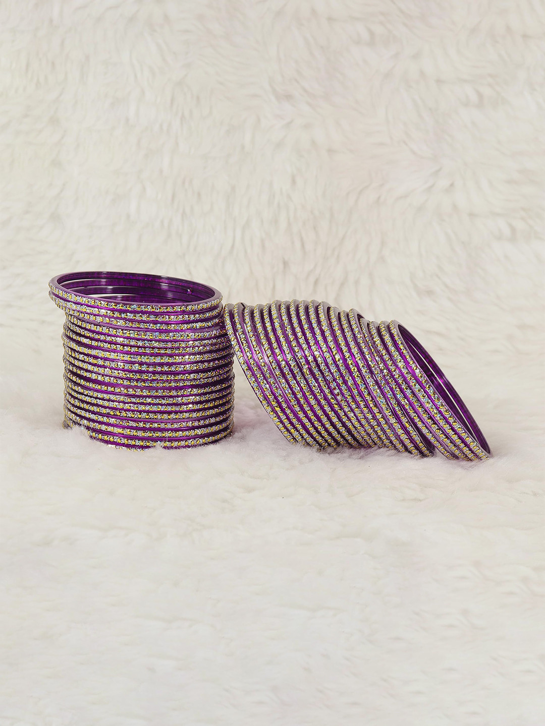 

ZULKA Set of 36 Glass with Golden Polka Dots & Glitter Bangles, Purple