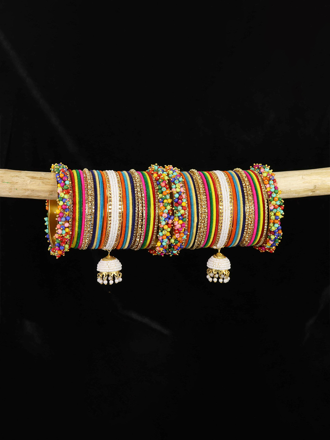 

ZULKASet of 54 Latest Metal with Pearls Zircon & Velvet Bangles Bridal Chuda with Latkan, Green